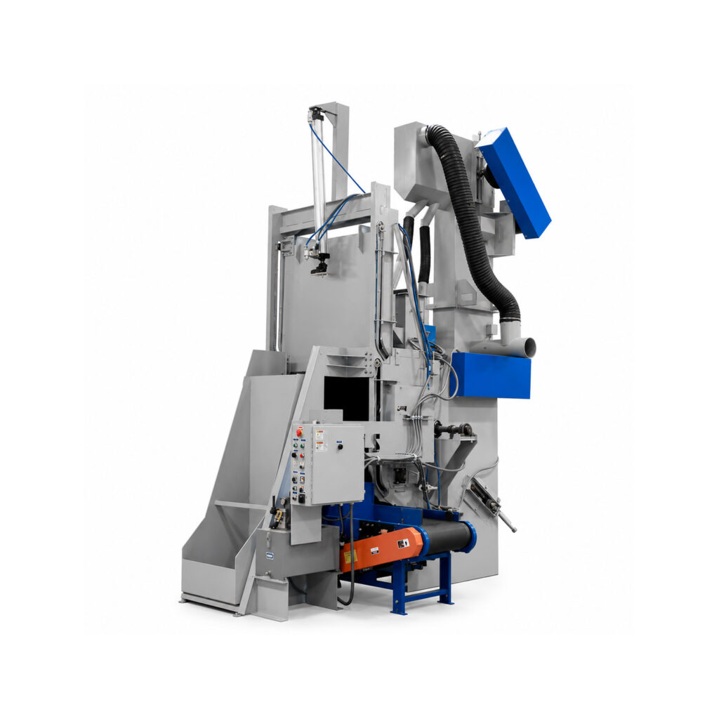 Angled view of a rubber belt tumbler blaster designed to clean and prepare batches of parts using a durable rotating rubber belt and high-velocity abrasive blasting.