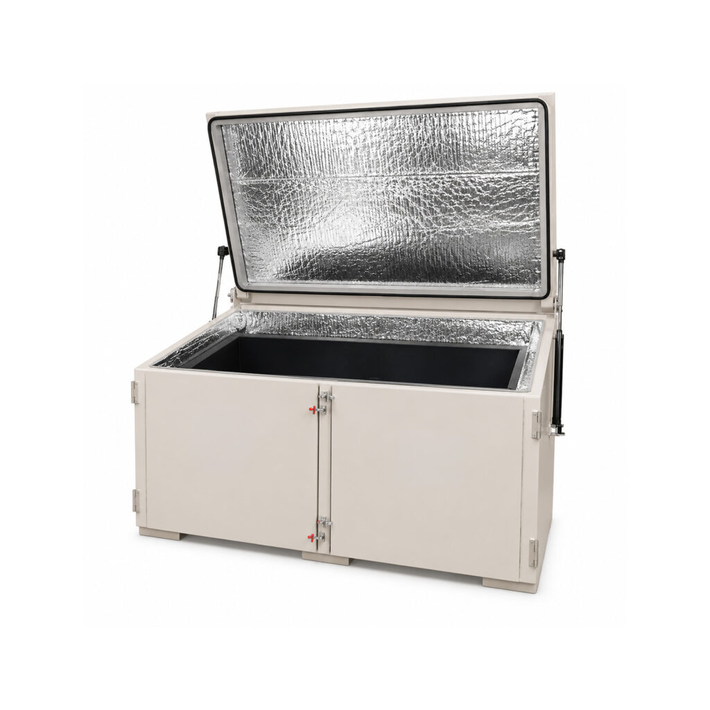 Angled view of a vibratory tub finishing system designed for deburring, polishing, cleaning, radiusing, and surface finishing of large, long, or delicate parts.