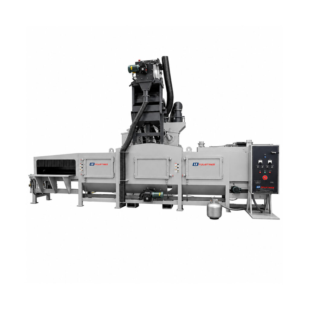 Angled view of an industrial cylinder polisher used for surface finishing and polishing of gas cylinders and cylindrical components.