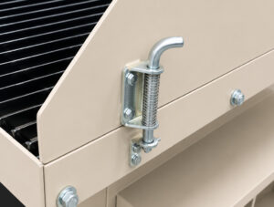 Heavy-duty latch securing the adjustable side panels on a downdraft table, allowing the panels to be repositioned for larger workpieces and improved dust collection performance.