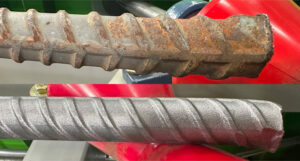 Side-by-side comparison of reinforcing steel bar before and after processing through a rebar blaster, showing removal of rust and surface contaminants.