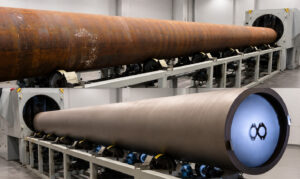 Side-by-side comparison of a pipe before and after processing through an OD Pipe Blaster, showing the removal of rust, scale, coatings, and surface contaminants.