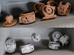 Side-by-side comparison of parts before and after processing through a rubber belt blaster, showing the removal of rust, scale, paint, and surface contaminants.