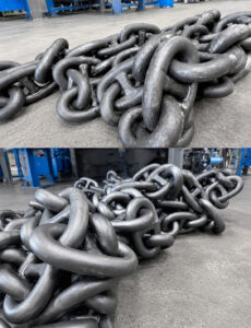 Side-by-side comparison of parts before and after processing through a slat blaster, showing the removal of rust, scale, foundry sand, paint, and surface contaminants.