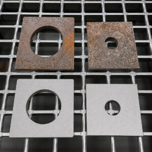 Side-by-side comparison of parts before and after processing through a tumbler blaster, showing the removal of rust, scale, paint, flash, and surface contaminants.