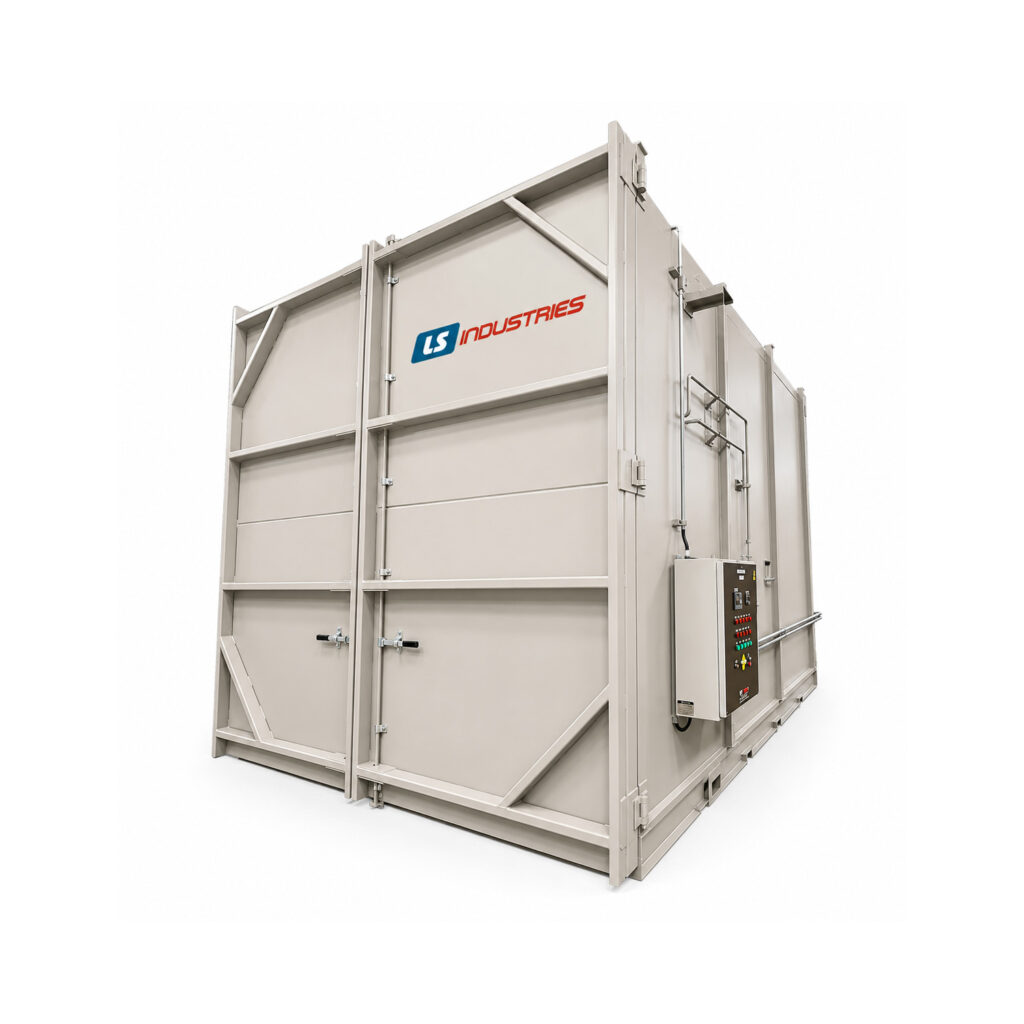Angled view of a walk-in burn-off oven designed for thermal cleaning of large parts, racks, fixtures, and assemblies by removing paint, powder coating, grease, and organic contaminants.