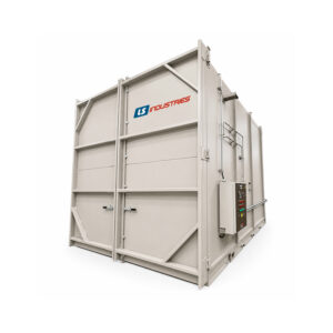 Angled view of a walk-in burn-off oven designed for thermal cleaning of large parts, racks, fixtures, and assemblies by removing paint, powder coating, grease, and organic contaminants.