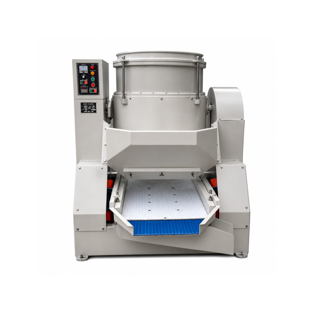 Angled view of a centrifugal barrel finishing machine designed for high-energy deburring, polishing, radiusing, and surface finishing of precision components.