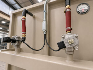 Electrical and control connectors on a powder coat booth used to integrate power, controls, sensors, and auxiliary equipment into the coating system.