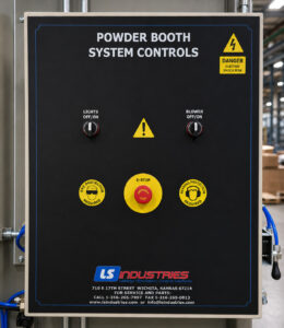 Control panel of a powder coat booth featuring system controls, filtration monitoring, lighting controls, and operational status indicators for efficient booth management.