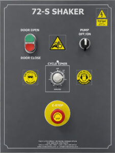 Control panel for a vibratory tub finishing system featuring machine controls, cycle timers, vibration adjustments, compound controls, and operational status indicators.