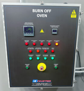 Control panel for a walk-in burn-off oven used to manage thermal cleaning cycles, temperature settings, and system safety functions.