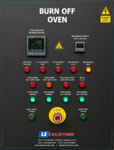 Control panel of a walk-in burn-off oven featuring temperature controls, cycle management functions, safety monitoring systems, and operational indicators.