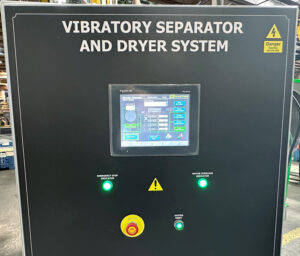 HMI/PLC control panel used to operate and monitor a vibratory separator and corn cob dryer finishing system.