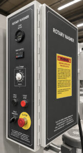 Industrial control panel of a small table washer featuring machine controls, cycle timers, temperature settings, status indicators, and operator controls for managing the cleaning process.