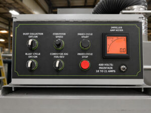 Control panel for a rebar blaster used to monitor and operate abrasive blasting functions and automated material handling systems.