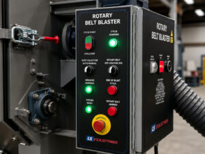 Control panel of a rubber belt blaster featuring machine controls, operating functions, and system monitoring for abrasive blasting operations.