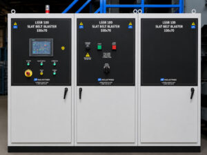 Optional HMI and PLC control panel with standard ammeter on a slat blaster, providing advanced machine control, performance monitoring, and blast wheel load indication.