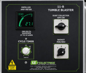 Control panel of a tumbler blaster featuring machine controls, operating functions, and system monitoring for abrasive blasting operations.
