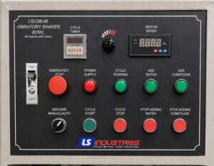 Control panel for a vibratory bowl finishing system featuring machine controls, timer settings, vibration adjustments, and operational status indicators.