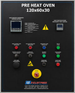 Control panel on an LS Industries Pre-Heat Oven featuring operator controls for managing temperature, cycle settings, and oven operation.