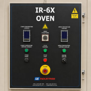 Control panel of an infrared cure oven featuring temperature controls, conveyor controls, cycle management functions, status indicators, and safety monitoring systems.