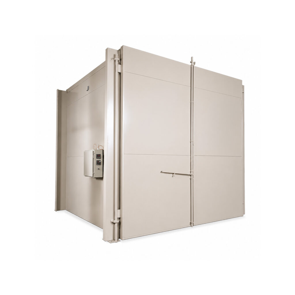 Angled view of a batch cure oven designed to cure powder coating, paint, adhesives, and other industrial coatings through controlled heat processing.