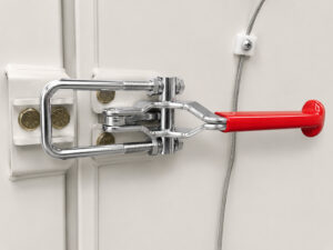 Heavy-duty door locking system on a small table washer designed to securely seal the wash chamber during operation for safe and efficient cleaning.