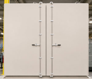 Rear double-door access on a walk-in burn-off oven designed to simplify loading and unloading of large parts, racks, fixtures, and production equipment.