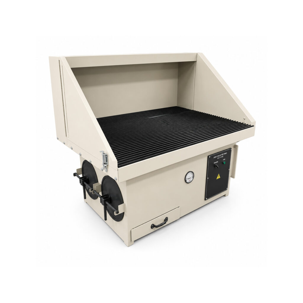 Angled view of a downdraft table dust collection system designed to capture dust, smoke, and airborne contaminants directly at the work surface during industrial operations.