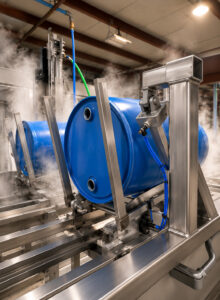 Flipper mechanism at the discharge end of an LS Industries Poly Washer, designed to automatically rotate and unload plastic containers for efficient material handling and continuous processing.