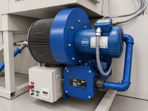 Gas-fired heater on a monorail flow-through washer providing heated air and wash solution temperatures required for efficient cleaning and drying operations.