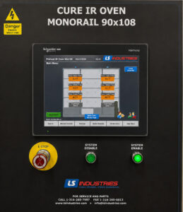 Optional HMI and PLC control system for an infrared cure oven providing advanced process control, monitoring, diagnostics, and automation management.