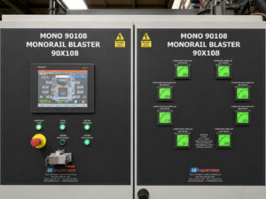 Optional HMI and PLC control system for a monorail blaster providing centralized operation, monitoring, and automation of blasting and material handling functions.
