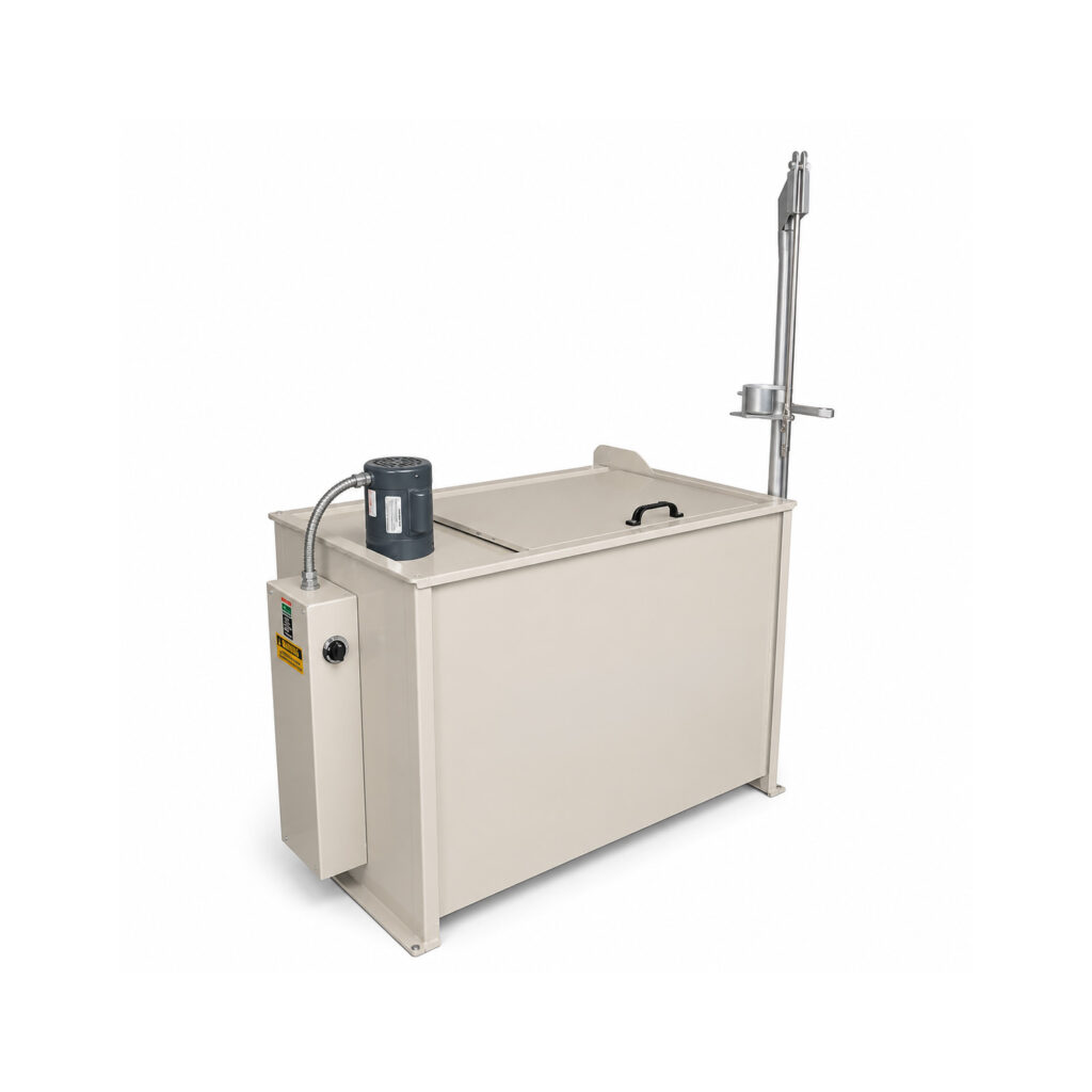 Angled view of an industrial hot tank cleaning system designed to remove grease, oil, carbon, paint, and heavy contaminants from metal components using heated cleaning solution.