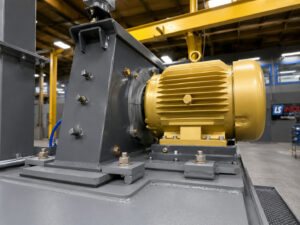 Heavy-duty impeller motor mounted on a rubber belt blaster providing power to the blast wheel system for abrasive cleaning and surface preparation.