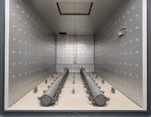 Interior view of a walk-in burn-off oven showing the spacious insulated chamber designed for thermal cleaning of large parts, racks, fixtures, and production equipment.