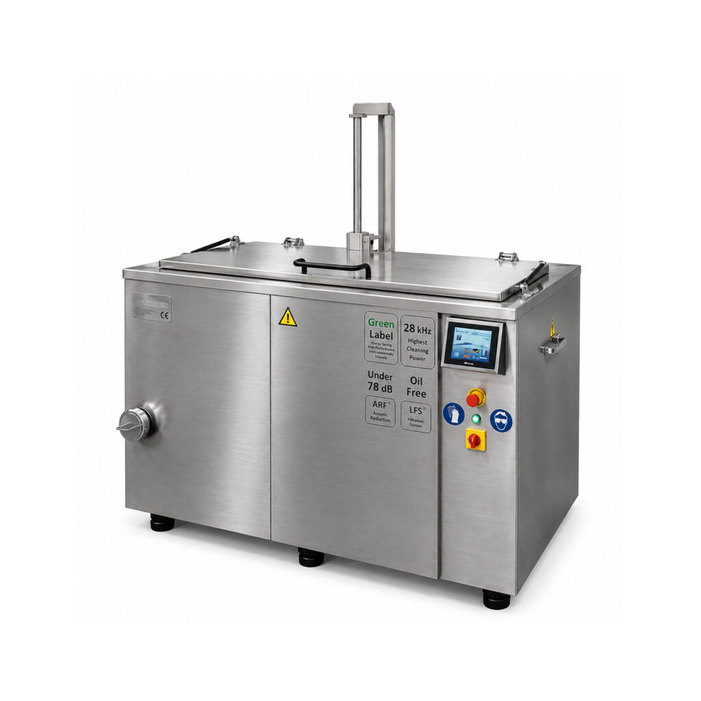Angled view of an ultrasonic washer designed to remove contaminants from parts using high-frequency sound waves and specialized cleaning solutions.