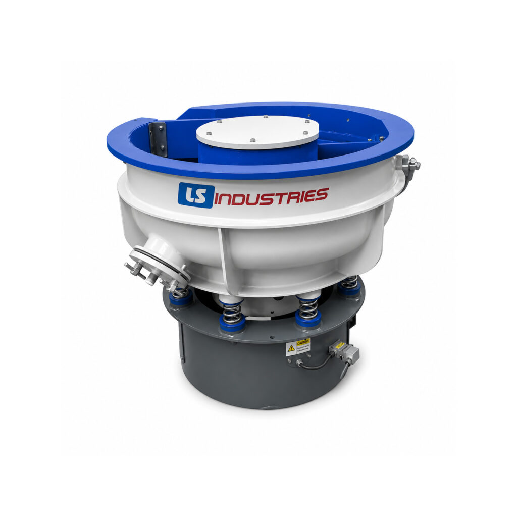 Angled view of a vibratory bowl finishing system designed for deburring, polishing, cleaning, radiusing, and surface finishing of small to medium-sized parts.