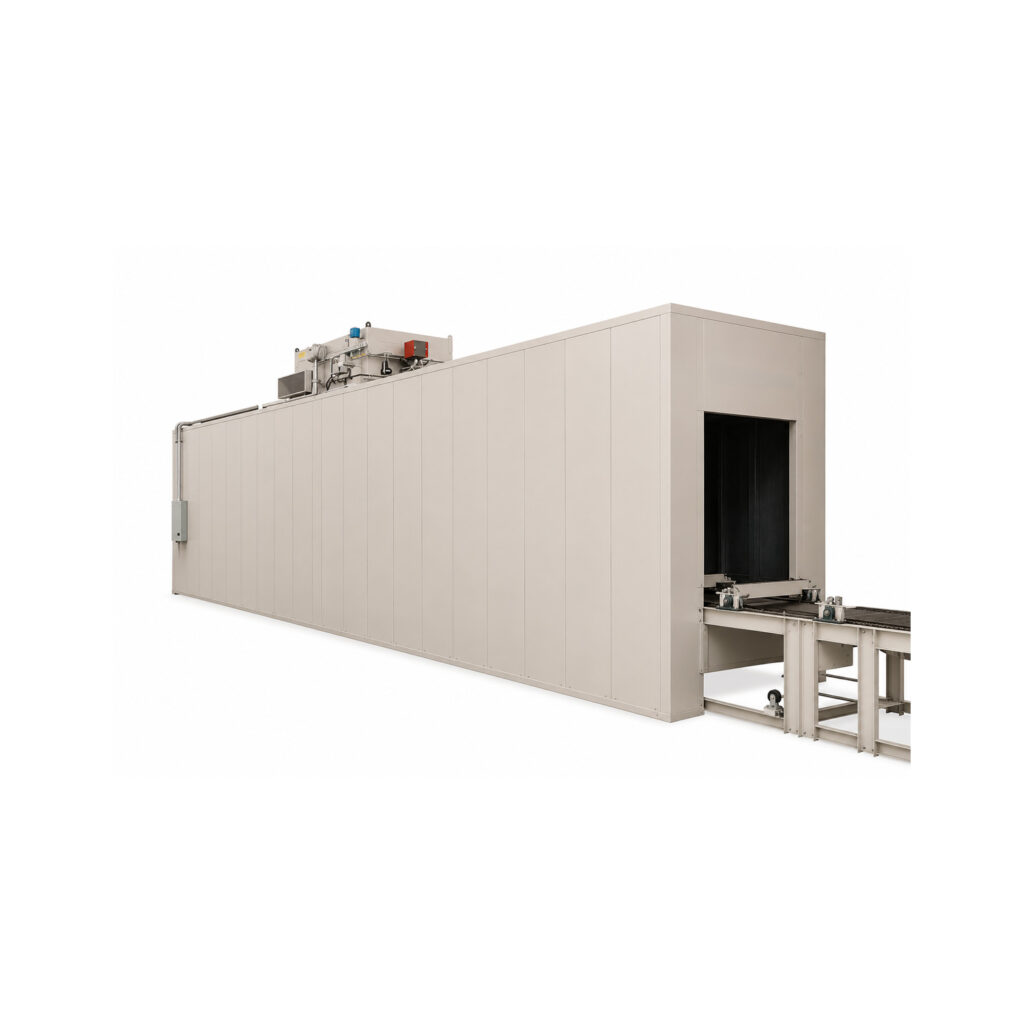 Angled view of a flow-through cure oven featuring a continuous conveyor system for curing powder-coated, painted, or finished parts in a high-production environment.