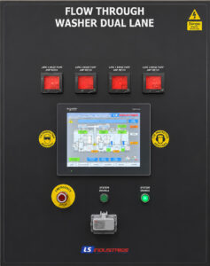 HMI and PLC control system for a monorail flow-through washer featuring a touchscreen interface, system monitoring, and automated control of cleaning operations.