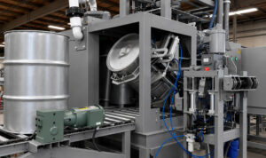 Optional drum flipper on a flow-through drum blaster designed to automatically rotate drums for complete blasting coverage and efficient handling.
