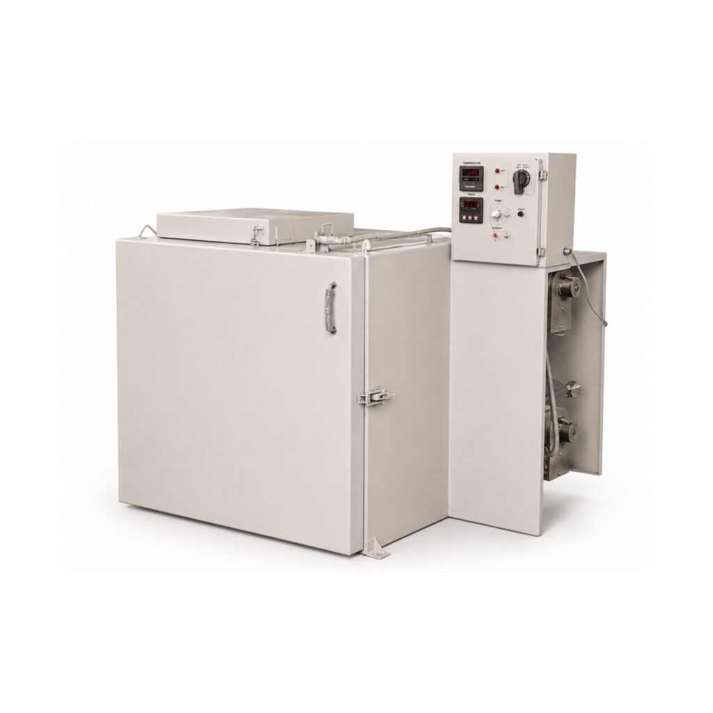 Angled view of a batch style burn-off oven designed to remove paint, powder coating, grease, oils, and organic contaminants from parts using controlled high-temperature thermal cleaning.