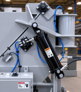 Pneumatic door system on a fixed basket blaster designed to automatically open and close the blast cabinet for efficient loading and unloading of parts.