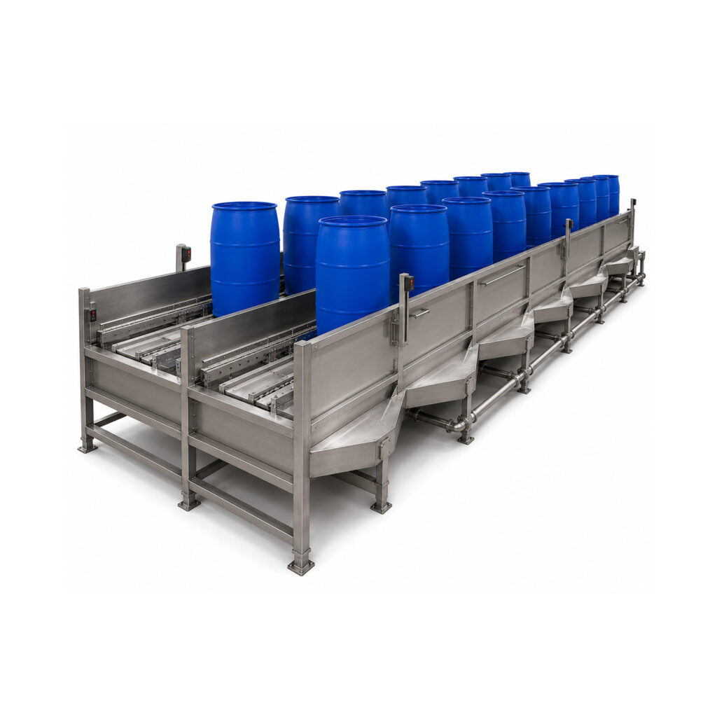 Angle view of an LS Industries Poly Washer featuring a heavy-duty wash chamber, integrated wash system, durable construction, and operator controls for cleaning reusable plastic containers and polymer components.