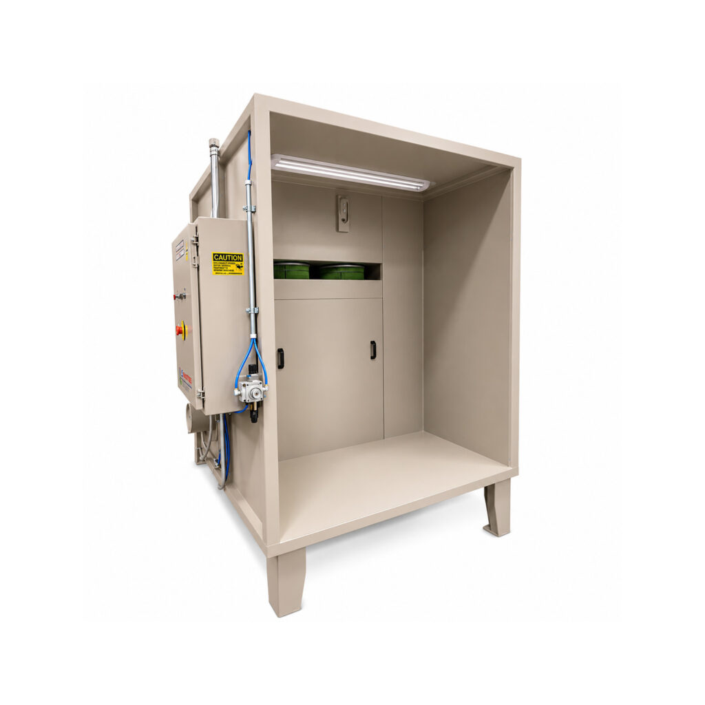 Angled view of a powder coat booth designed to provide controlled powder application, efficient overspray recovery, and consistent coating quality in industrial finishing operations.
