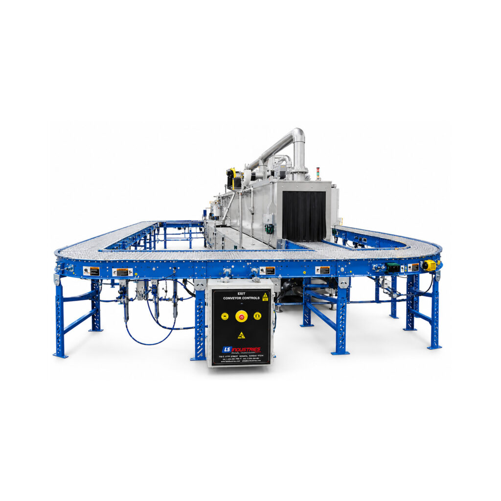 Angled view of a return-to-operator (U-belt) chain mesh belt flow-through washer where parts travel through the cleaning process and return to the same side for convenient loading and unloading.