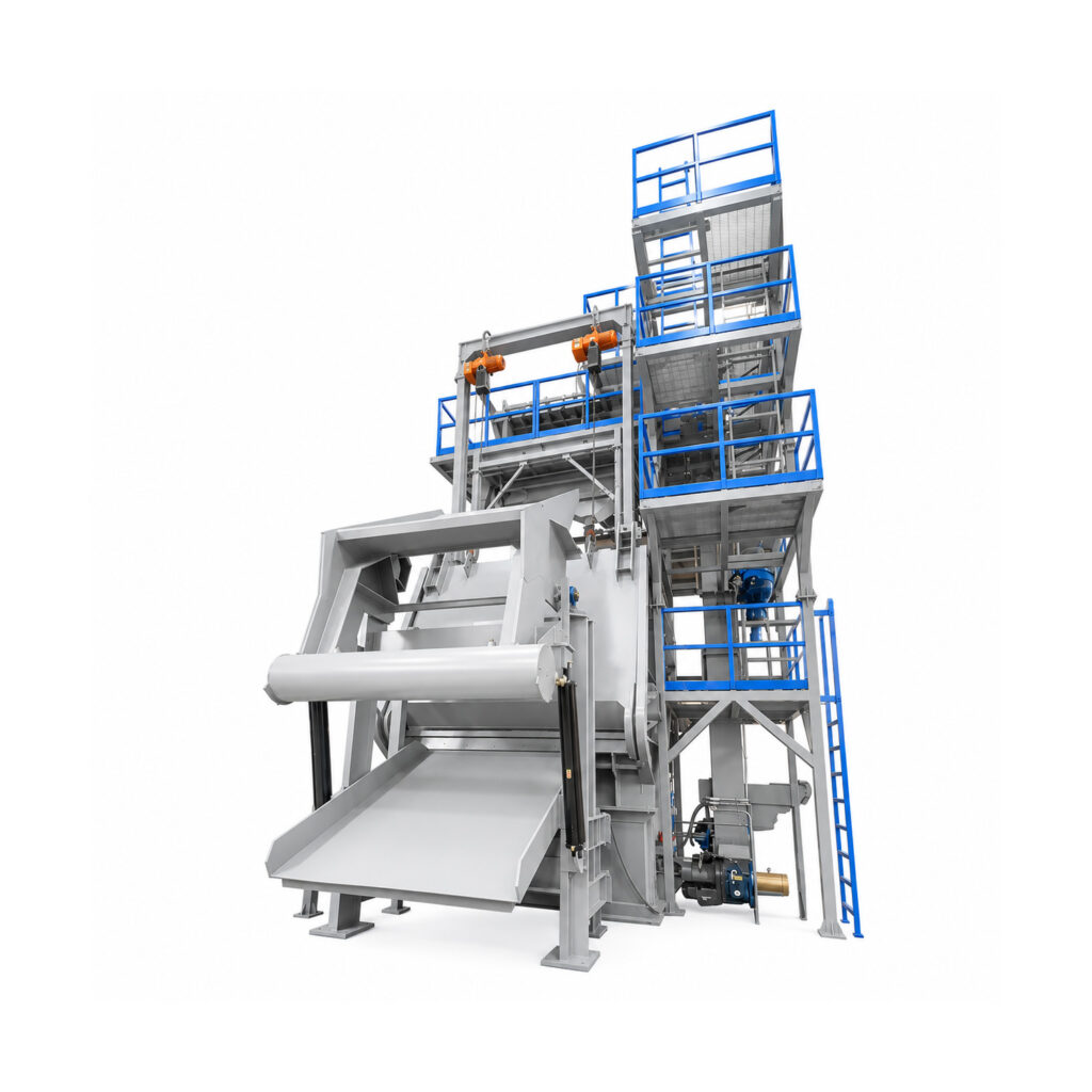 Angled view of a slat blaster designed to clean and prepare large, heavy, or abrasive parts using a durable slat conveyor and high-velocity abrasive blasting.