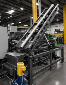 Optional shot removal system that lifts pipes after interior blasting to drain remaining abrasive media into a recycling shot recovery system.