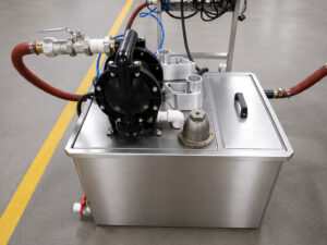 Optional compound tank mounted on a vibratory bowl finishing system used to hold water, finishing compounds, and process additives during operation.